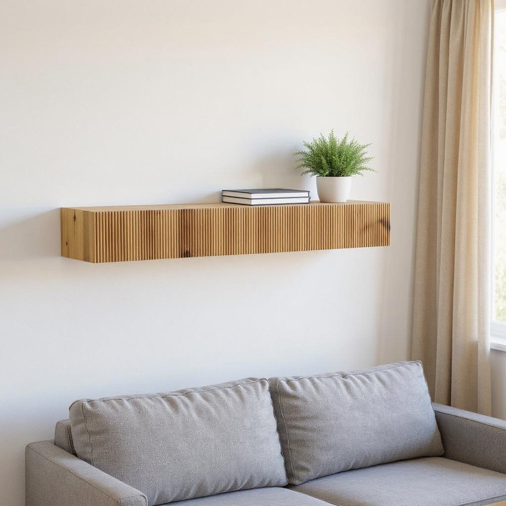 59" Natural Ribbed Texture Solid Wood Wall Mounted Mantel Floating Shelf