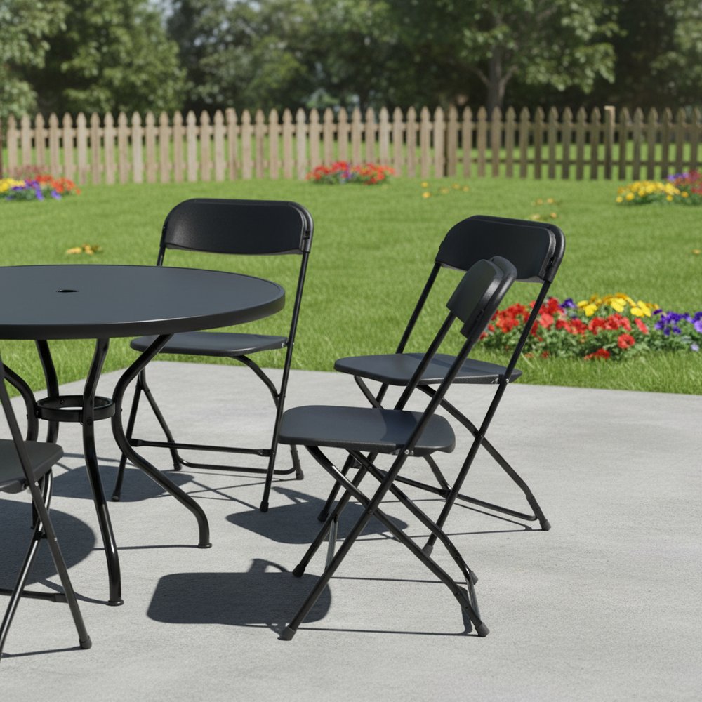 Set of Four Black Metal Outdoor Folding Stacking Dining Chairs