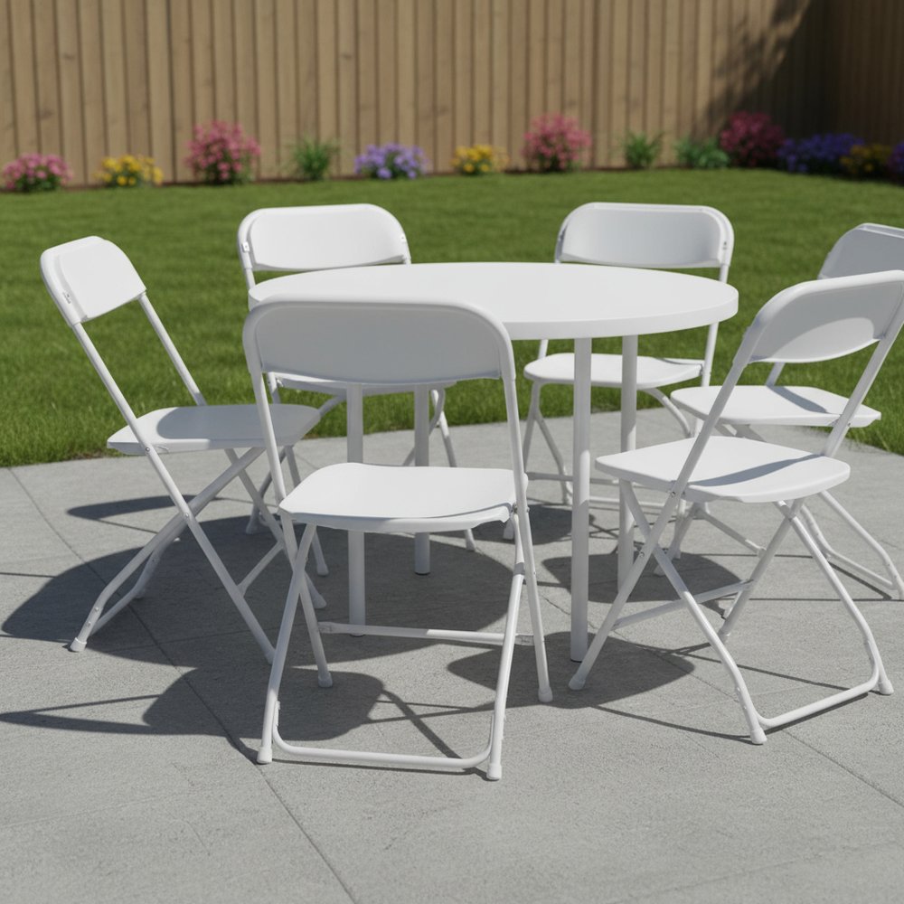 Set of Six White Metal Outdoor Folding Stacking Dining Chairs