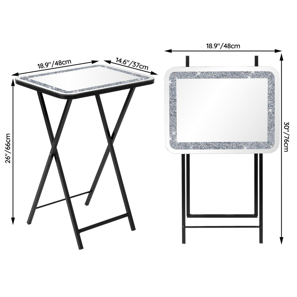 20" Silver and Black Mirrored Glass Faux Crystal And Metal Folding Tray Table