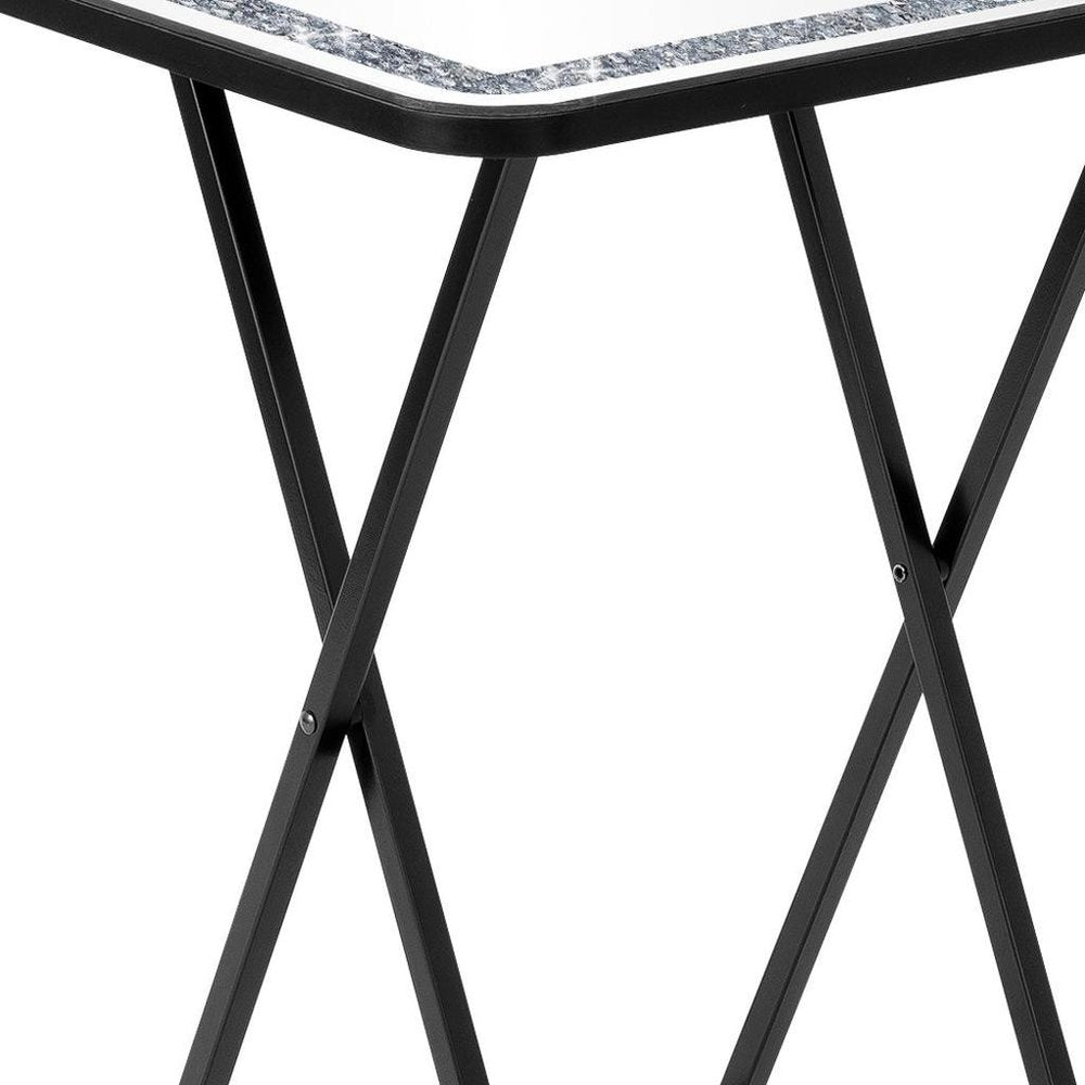 20" Silver and Black Mirrored Glass Faux Crystal And Metal Folding Tray Table