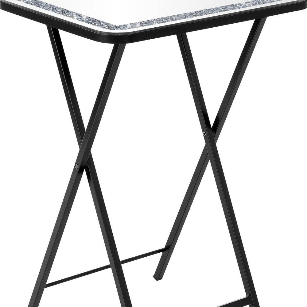 20" Silver and Black Mirrored Glass Faux Crystal And Metal Folding Tray Table
