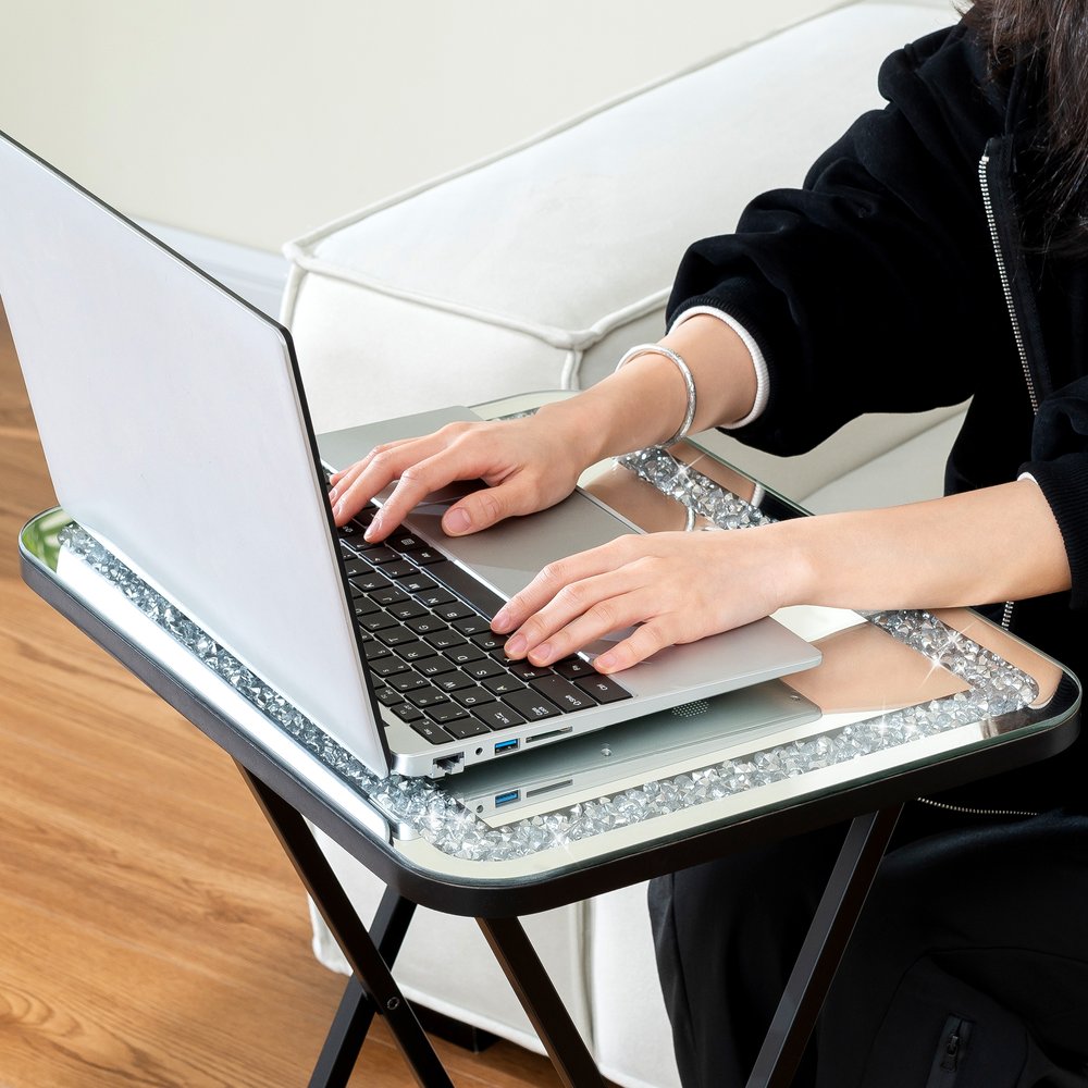 20" Silver and Black Mirrored Glass Faux Crystal And Metal Folding Tray Table