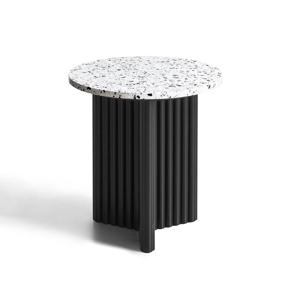 23" White and Black Faux Terrazzo and Wood Round Pedestal End Table