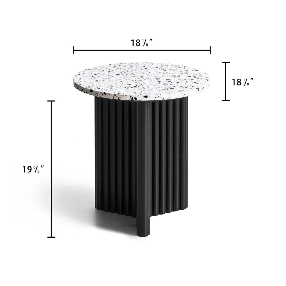 23" White and Black Faux Terrazzo and Wood Round Pedestal End Table