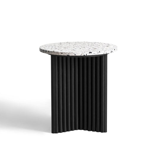 23" White and Black Faux Terrazzo and Wood Round Pedestal End Table