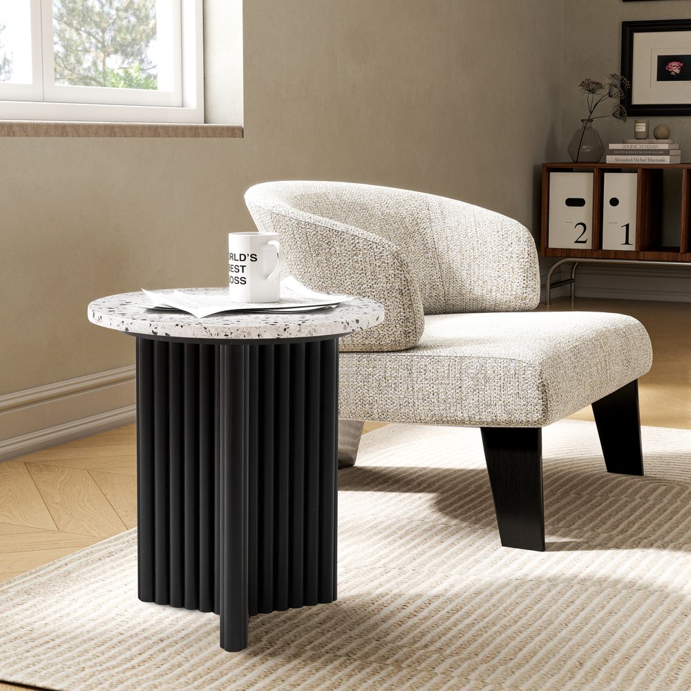 23" White and Black Faux Terrazzo and Wood Round Pedestal End Table