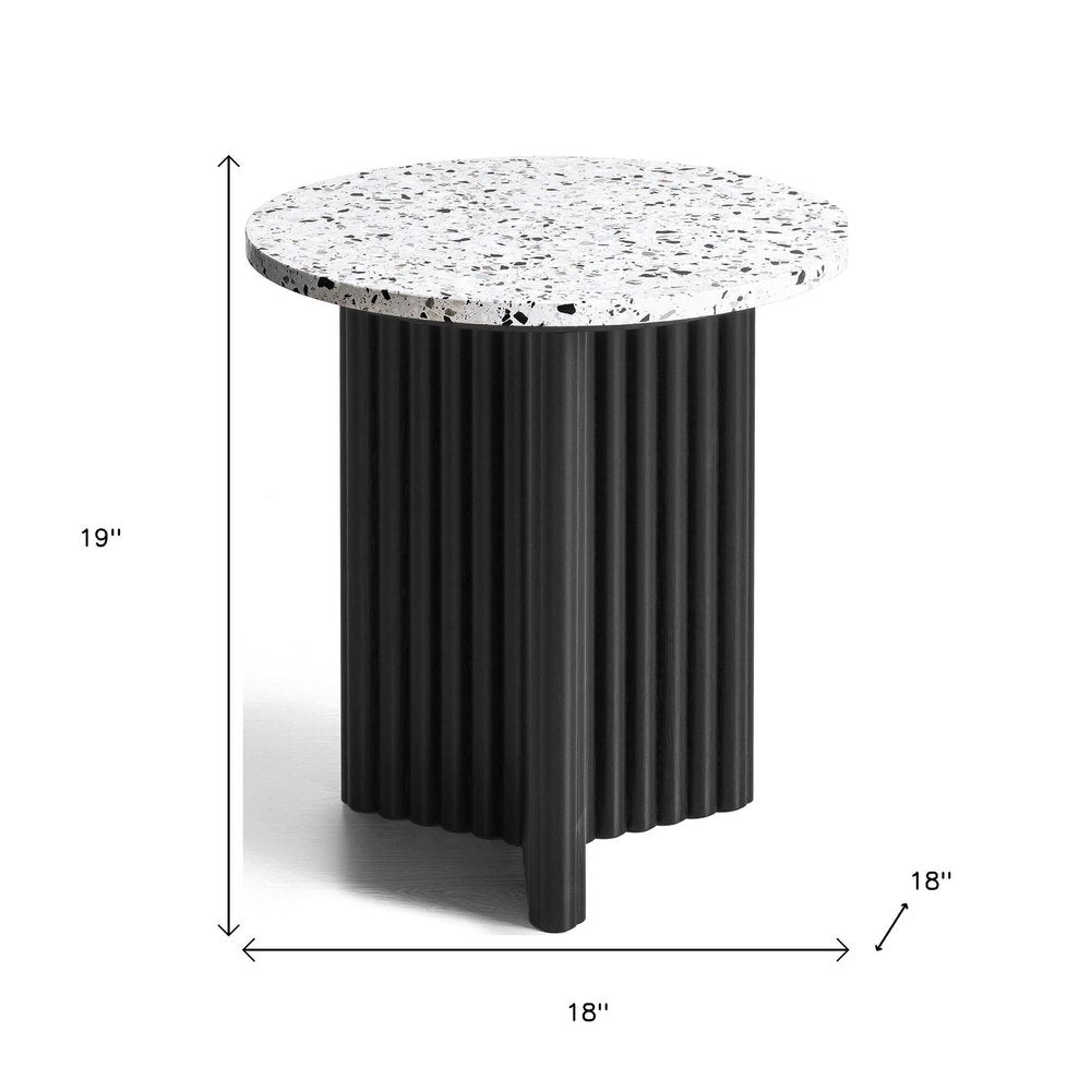 23" White and Black Faux Terrazzo and Wood Round Pedestal End Table