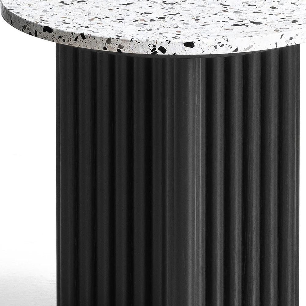 23" White and Black Faux Terrazzo and Wood Round Pedestal End Table