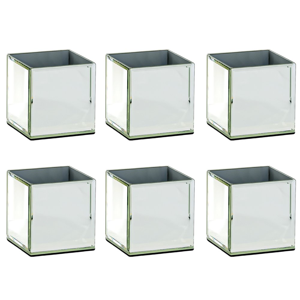Set of Six Silver Mirrored Glass Square Table Vases