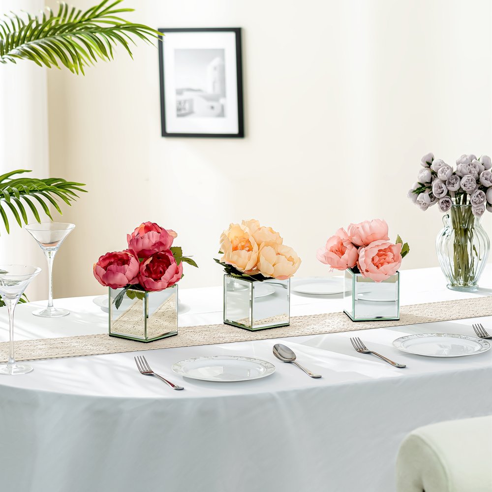 Set of Six Silver Mirrored Glass Square Table Vases