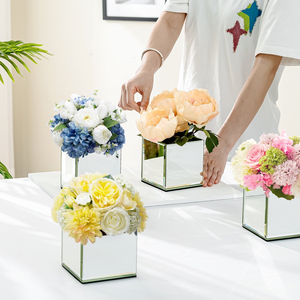 Set of Six Silver Mirrored Glass Square Table Vases