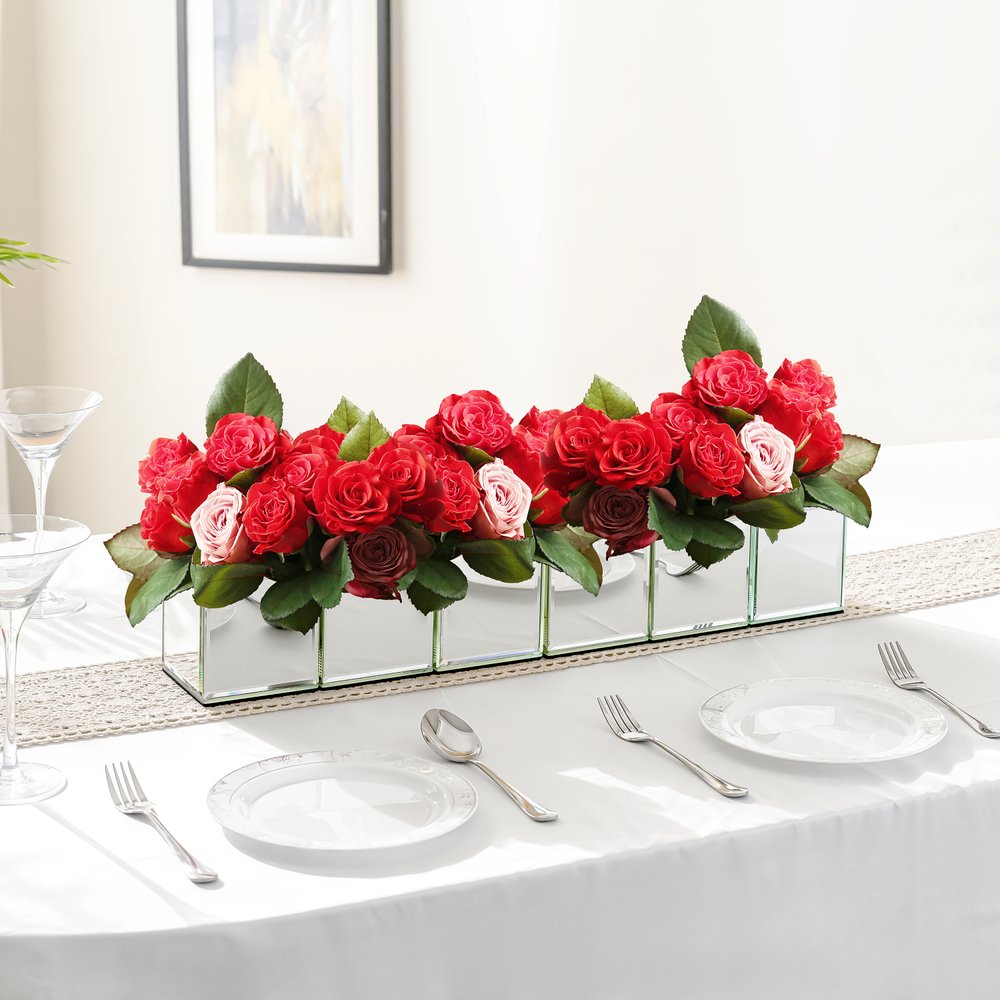 Set of Six Silver Mirrored Glass Square Table Vases