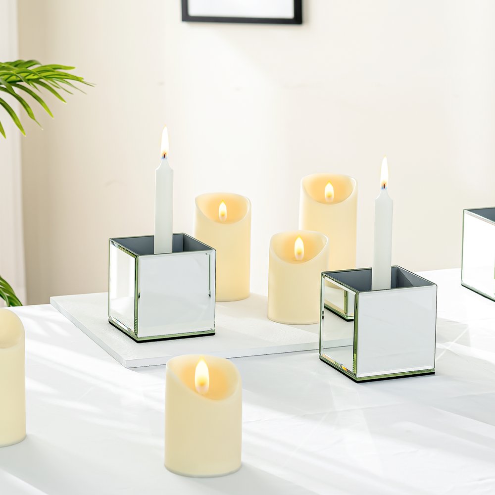 Set of Six Silver Mirrored Glass Square Table Vases