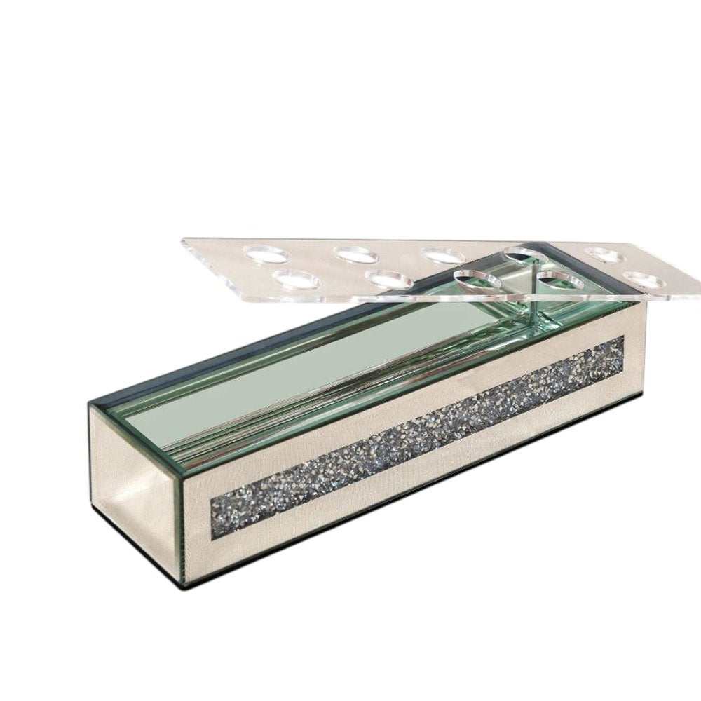 13" Silver Crystal And Mirrored Glass Table Vase With Crystals