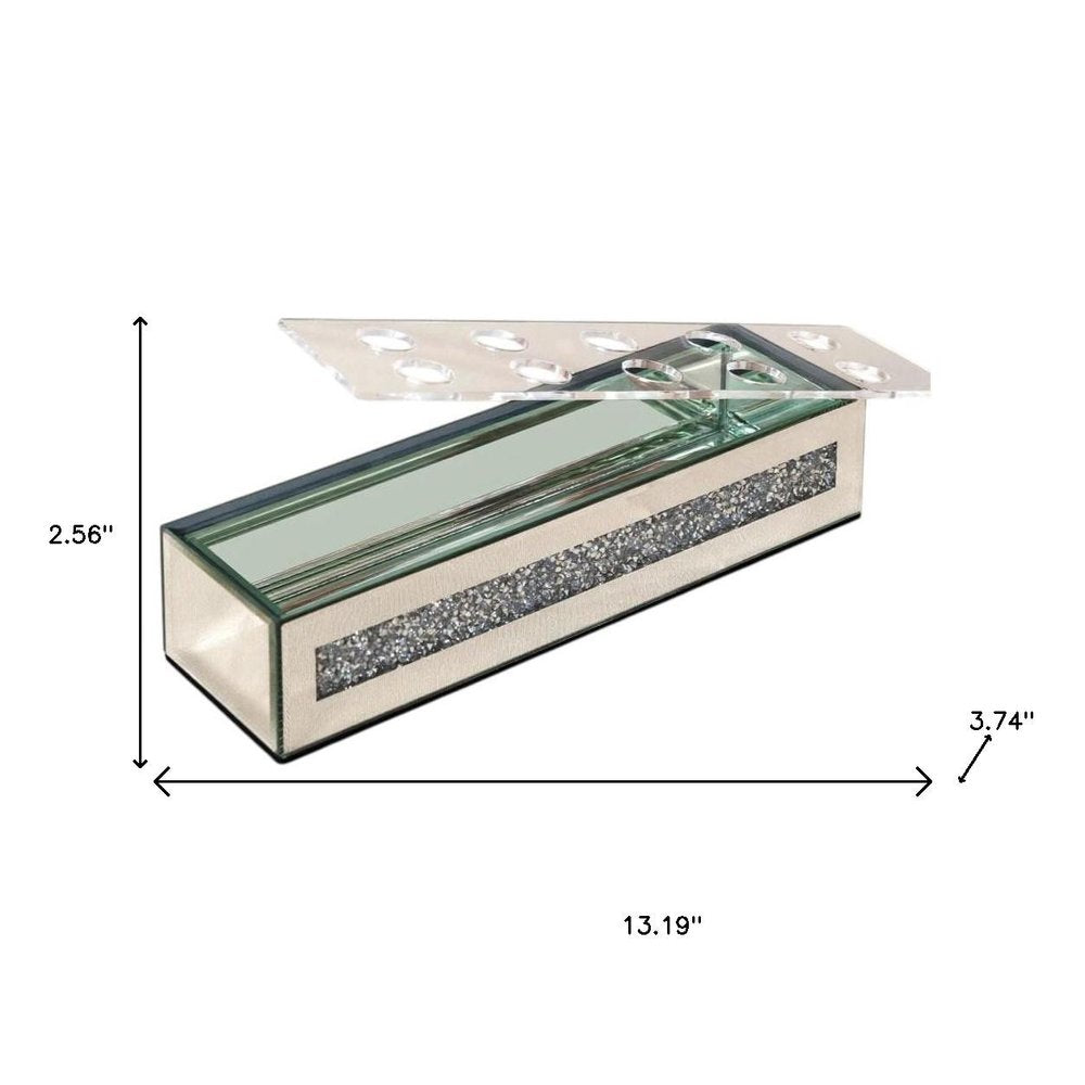 13" Silver Crystal And Mirrored Glass Table Vase With Crystals