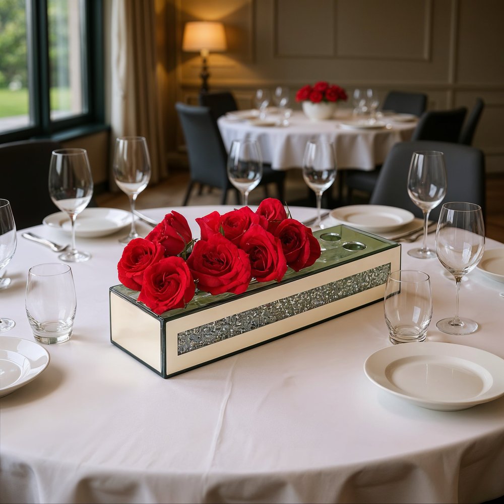 13" Silver Crystal And Mirrored Glass Table Vase With Crystals