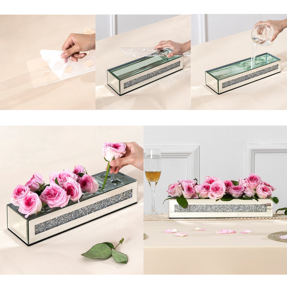 13" Silver Crystal And Mirrored Glass Table Vase With Crystals