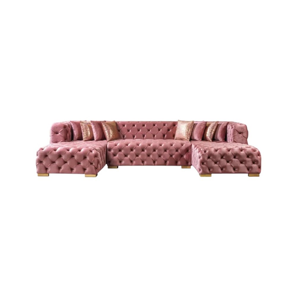 Tufted Pink Velvet Modular U Shaped Sofa and Chaise Sectional With Toss Pillows