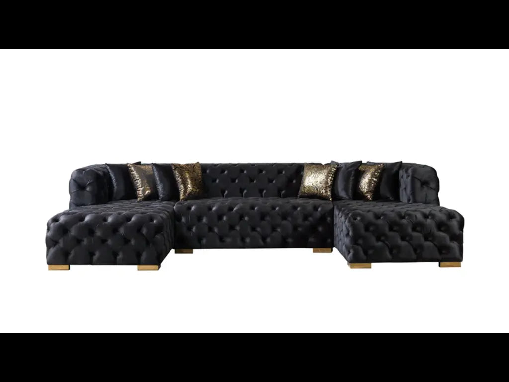 Tufted Black Velvet Modular U Shaped Sofa and Chaise Sectional With Toss Pillows