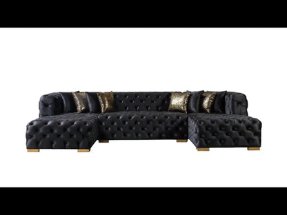 Tufted Black Velvet Modular U Shaped Sofa and Chaise Sectional With Toss Pillows