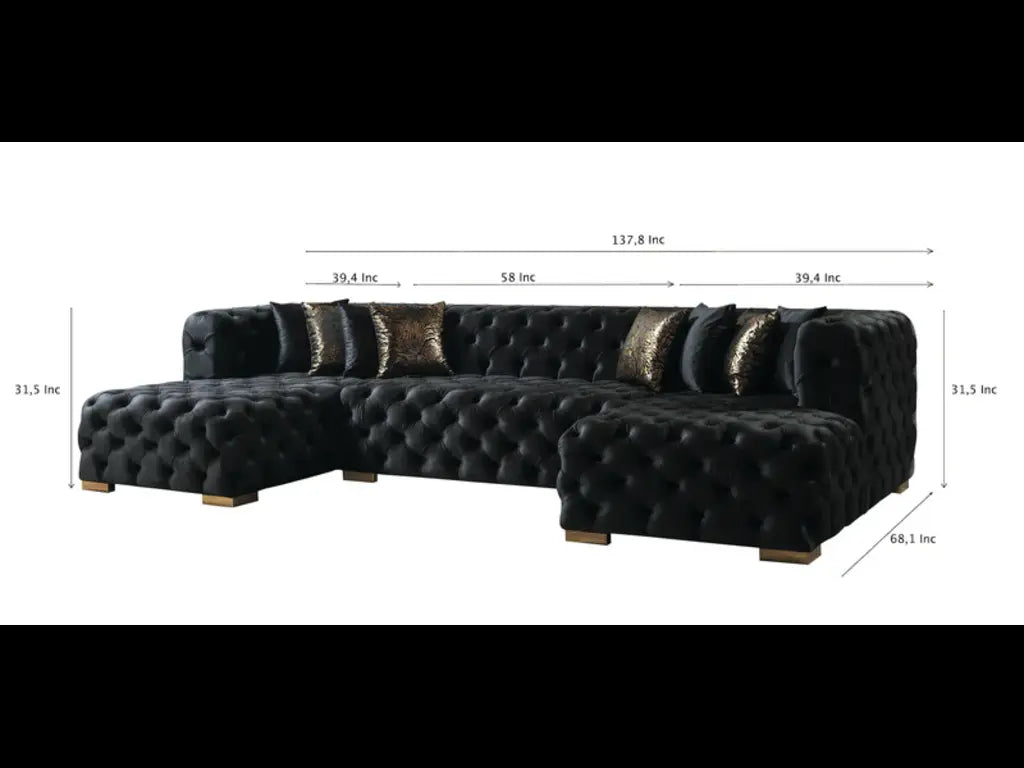 Tufted Black Velvet Modular U Shaped Sofa and Chaise Sectional With Toss Pillows