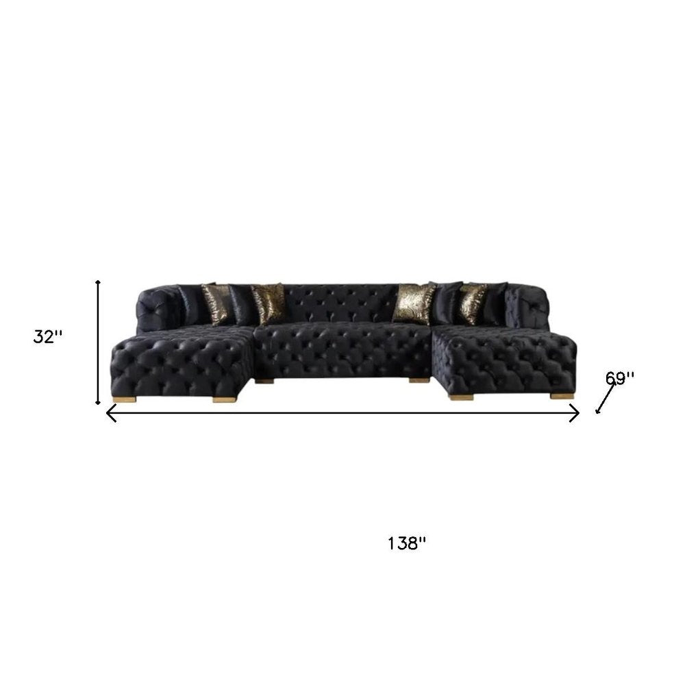 Tufted Black Velvet Modular U Shaped Sofa and Chaise Sectional With Toss Pillows