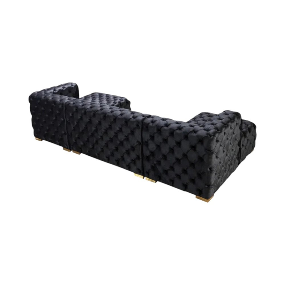 Tufted Black Velvet Modular U Shaped Sofa and Chaise Sectional With Toss Pillows