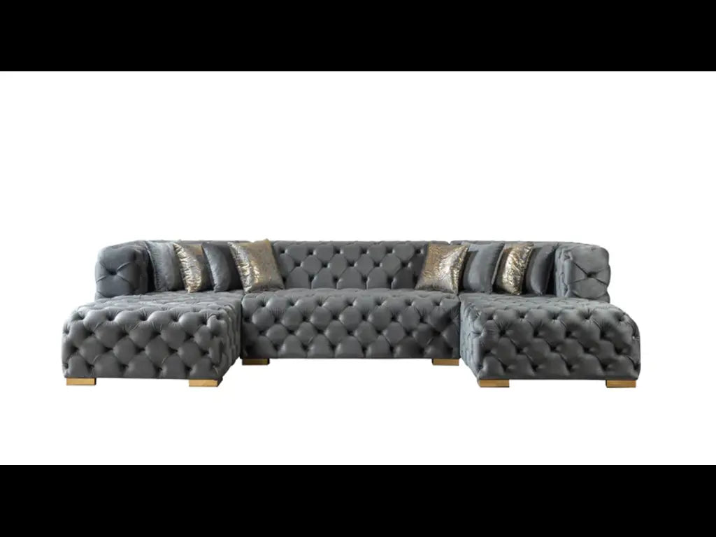 Tufted Gray Velvet Modular U Shaped Sofa and Chaise Sectional With Toss Pillows