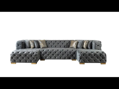 Tufted Gray Velvet Modular U Shaped Sofa and Chaise Sectional With Toss Pillows