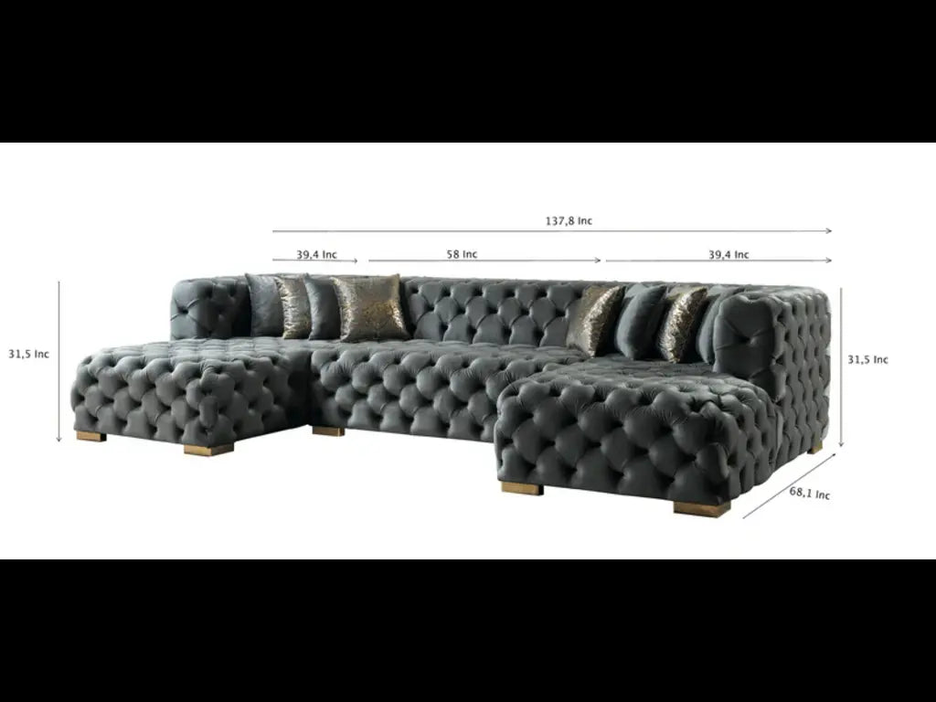 Tufted Gray Velvet Modular U Shaped Sofa and Chaise Sectional With Toss Pillows