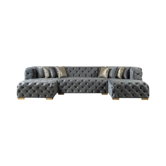 Tufted Gray Velvet Modular U Shaped Sofa and Chaise Sectional With Toss Pillows