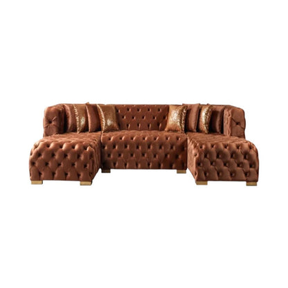 Tufted Orange Velvet Modular U Shaped Sofa and Chaise Sectional With Toss Pillows