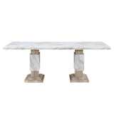 82" White and Natural Faux Marble and Wood Double Pedestal Base Dining Table