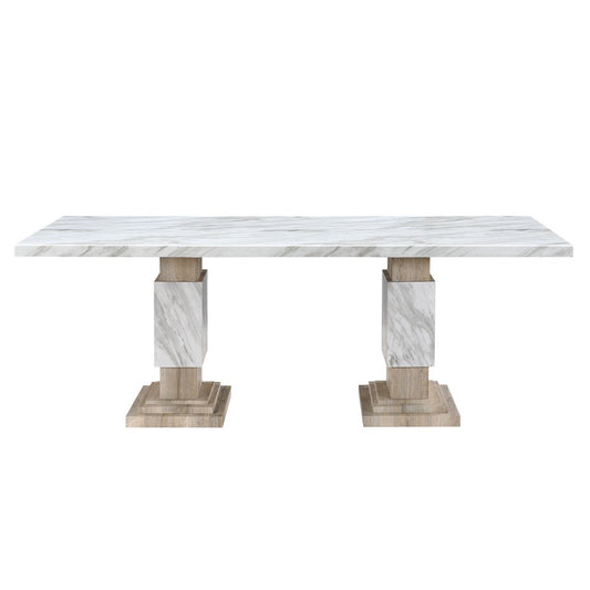 82" White and Natural Faux Marble and Wood Double Pedestal Base Dining Table