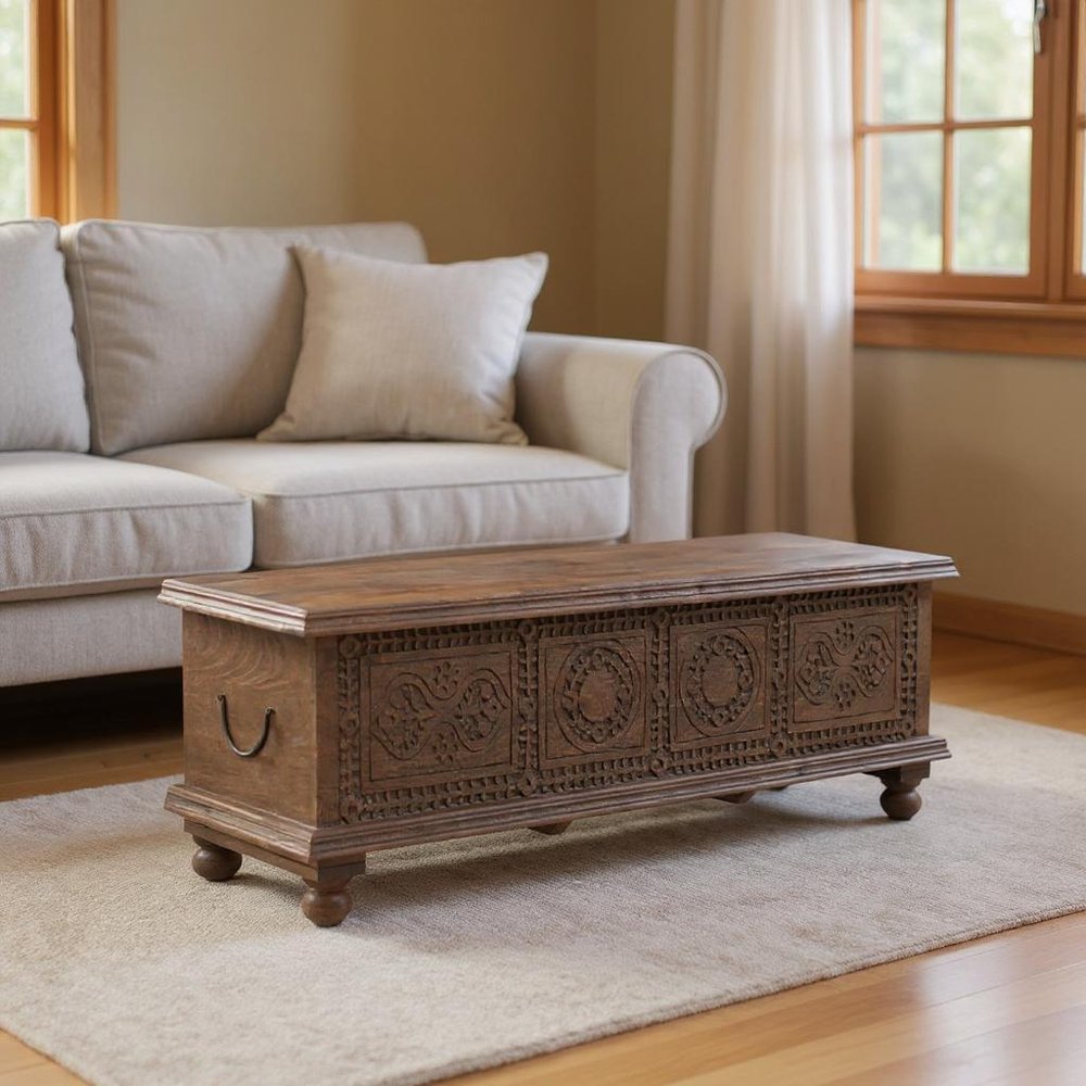 54" Brown Solid Wood Medallion Storage Ottoman