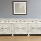 118" White Distressed Solid Wood Carved Floral Six Drawer Sideboard with Six Doors