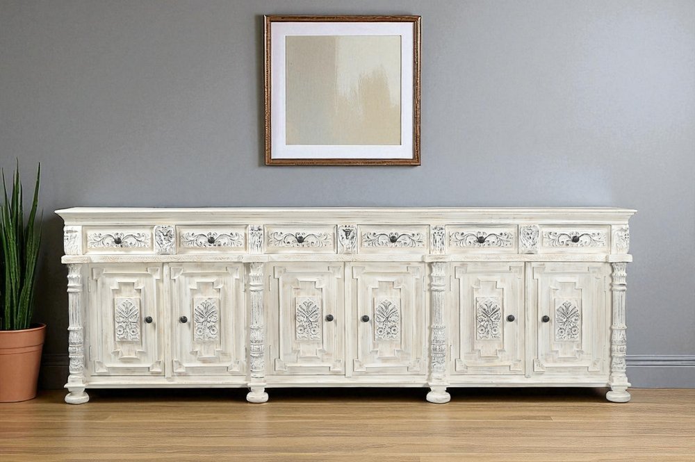 118" White Distressed Solid Wood Carved Floral Six Drawer Sideboard with Six Doors