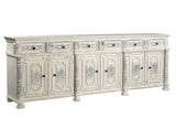 118" White Distressed Solid Wood Carved Floral Six Drawer Sideboard with Six Doors