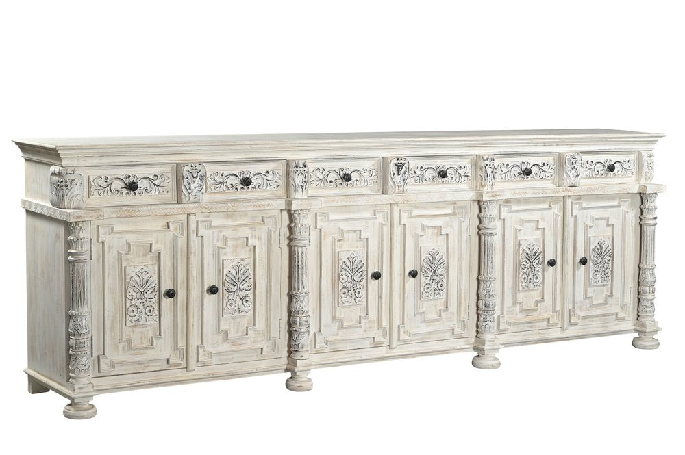 118" White Distressed Solid Wood Carved Floral Six Drawer Sideboard with Six Doors