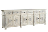 118" White Distressed Solid Wood Carved Floral Six Drawer Sideboard with Six Doors