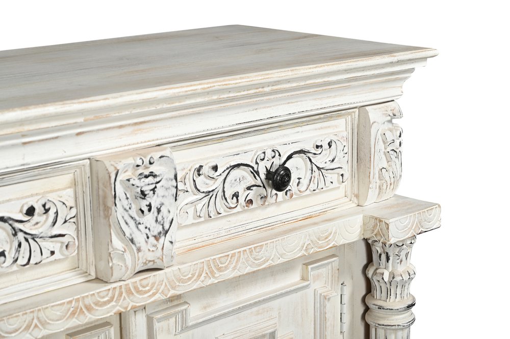 118" White Distressed Solid Wood Carved Floral Six Drawer Sideboard with Six Doors
