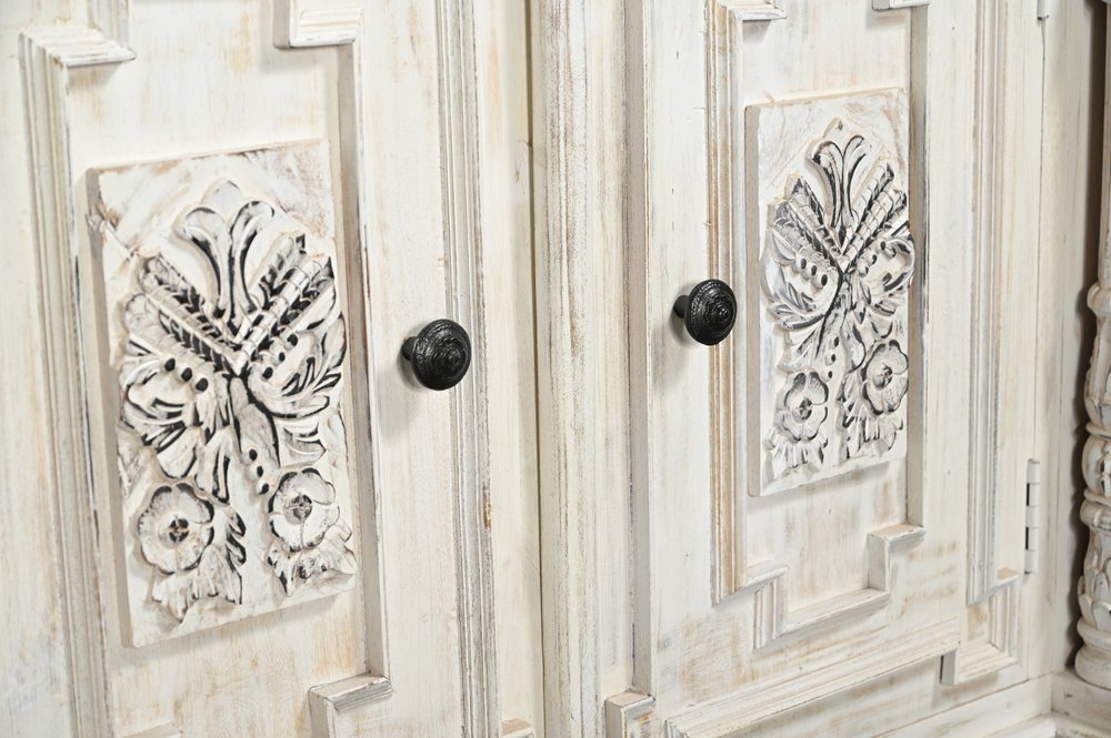 118" White Distressed Solid Wood Carved Floral Six Drawer Sideboard with Six Doors