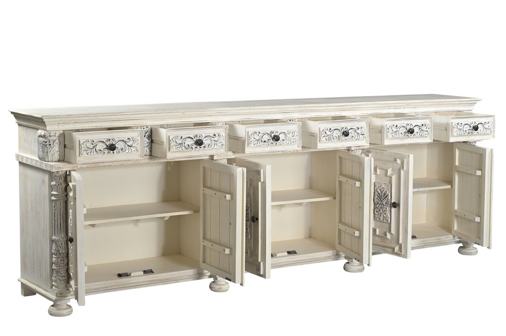 118" White Distressed Solid Wood Carved Floral Six Drawer Sideboard with Six Doors
