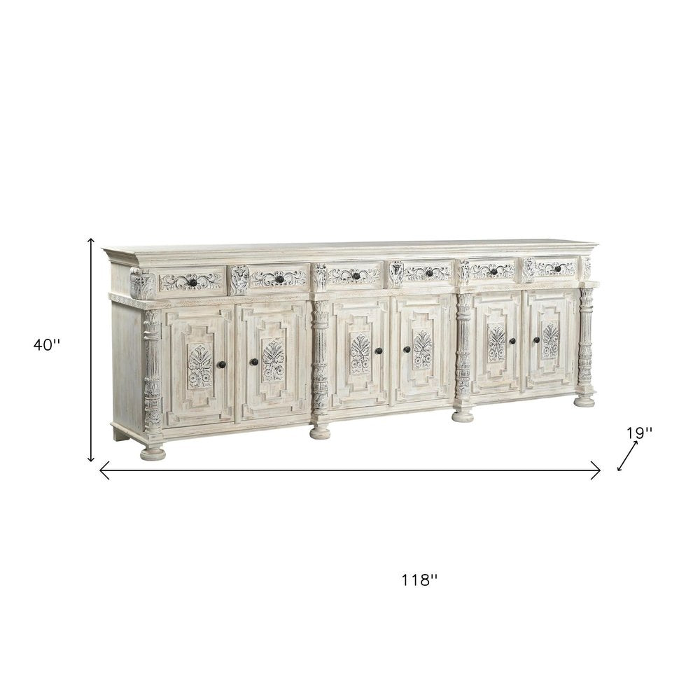 118" White Distressed Solid Wood Carved Floral Six Drawer Sideboard with Six Doors