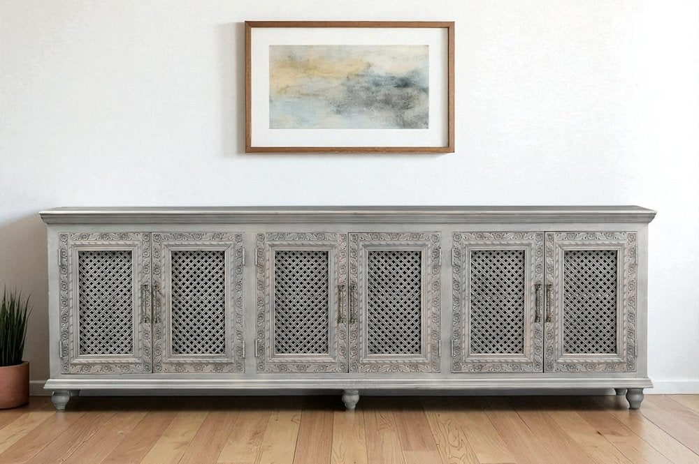 111" Gray Distressed Solid Wood Carved Floral Sideboard with Six Doors