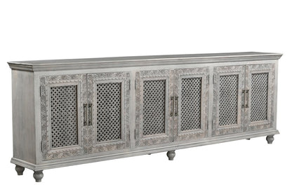 111" Gray Distressed Solid Wood Carved Floral Sideboard with Six Doors