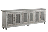 111" Gray Distressed Solid Wood Carved Floral Sideboard with Six Doors