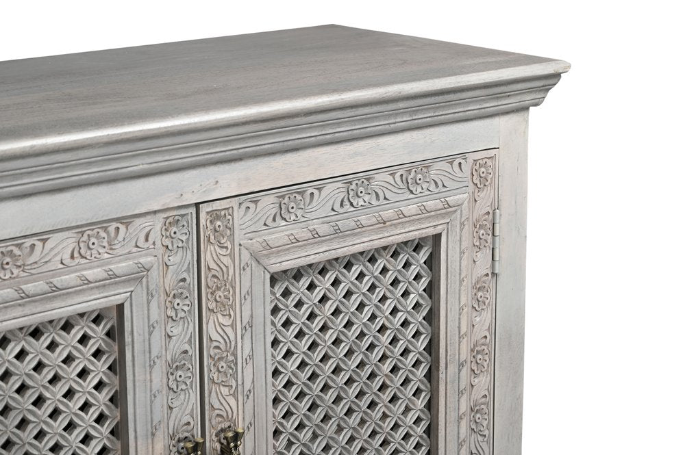 111" Gray Distressed Solid Wood Carved Floral Sideboard with Six Doors