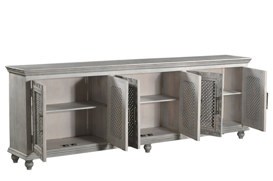 111" Gray Distressed Solid Wood Carved Floral Sideboard with Six Doors